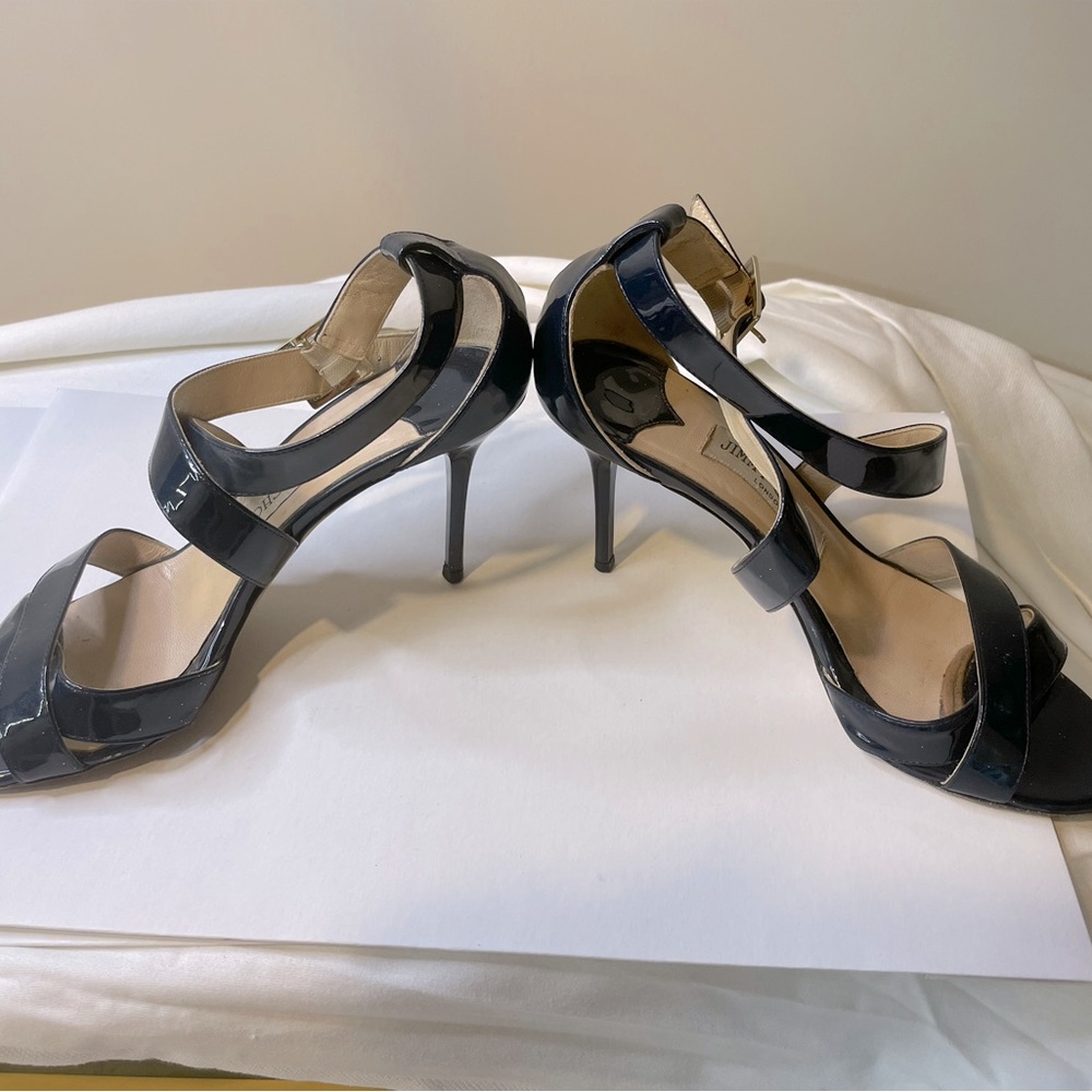 Jimmy Choo Louise Criss Cross Patent Leather Sandal Heels in Navy Blue 36 1/2